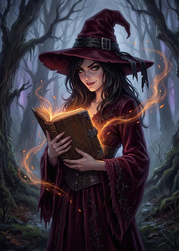 Enchanting Witch Reading Magical Spellbook