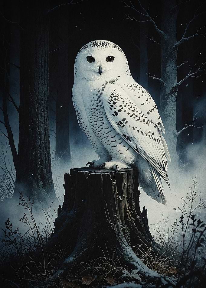 Snowy Owl Night Forest Dark Art