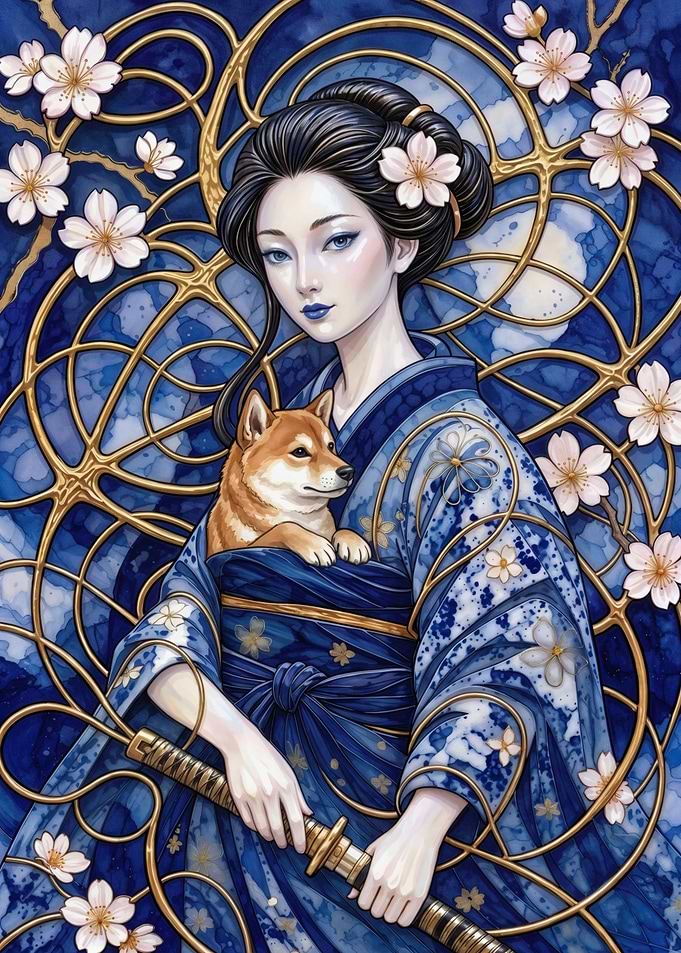 Geisha & Shiba Inu – Blue Blossom Grace – Abstract Fantasy #14