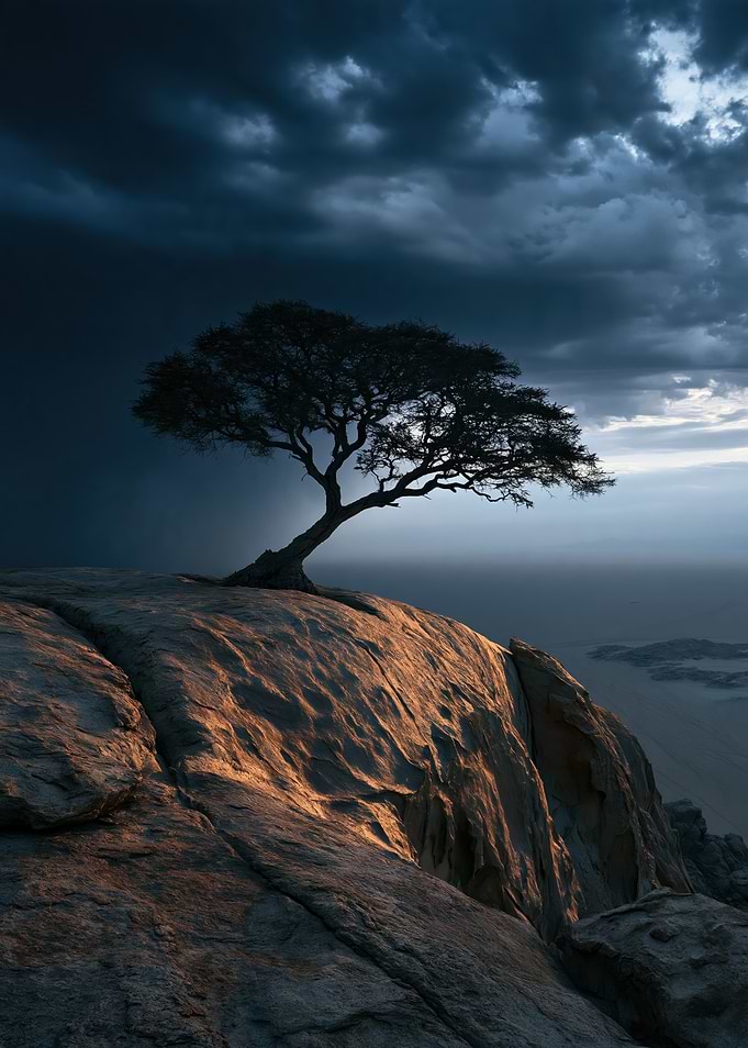 Solitary Tree on Rocky Cliff