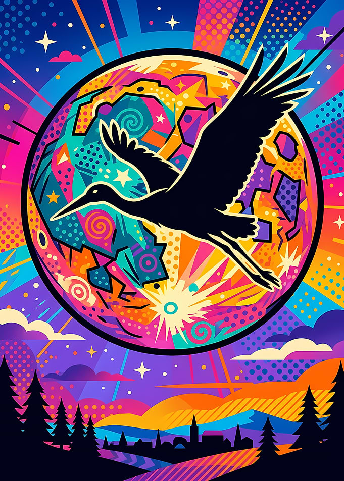 Vibrant Psychedelic Stork Flying Over Landscape