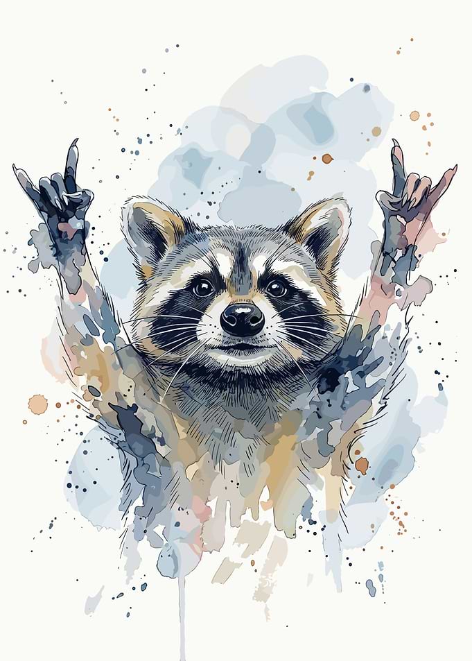 Rock and Roll Raccoon Watercolor Art