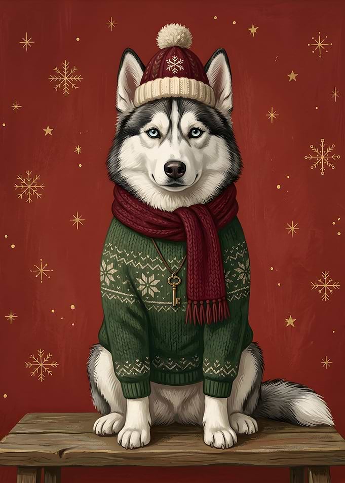 Festive Husky in Winter Attire