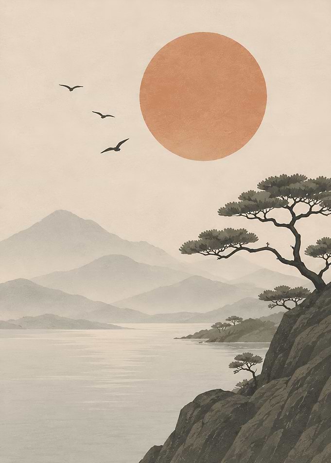 Minimalist Japanese Landscape with Sun