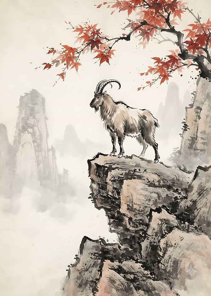 Goat on Mountain Peak Ink Wash