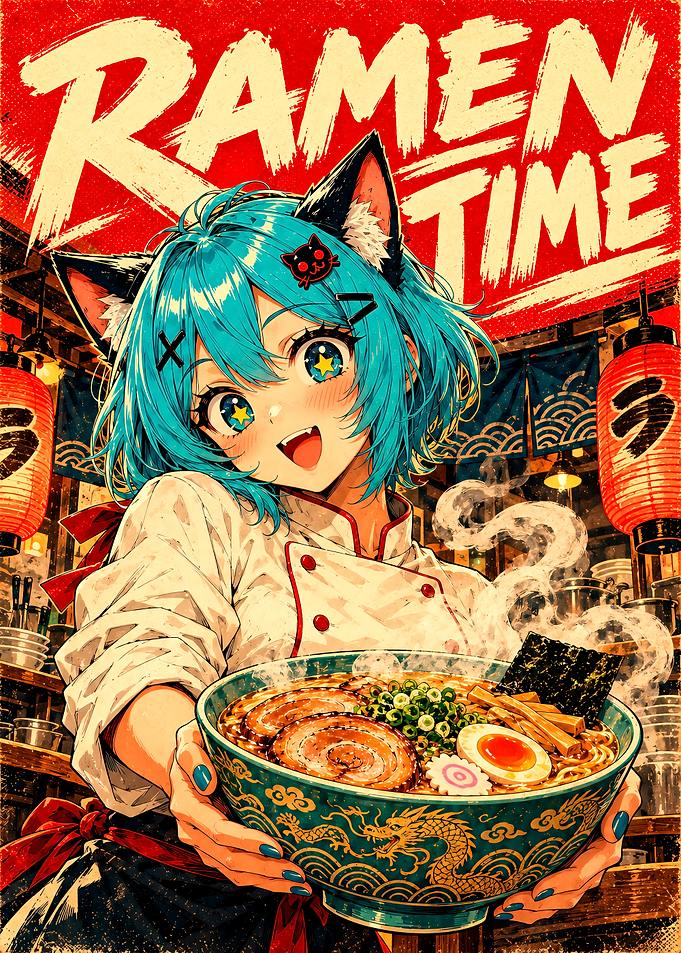 Anime Girl Serving Ramen Poster