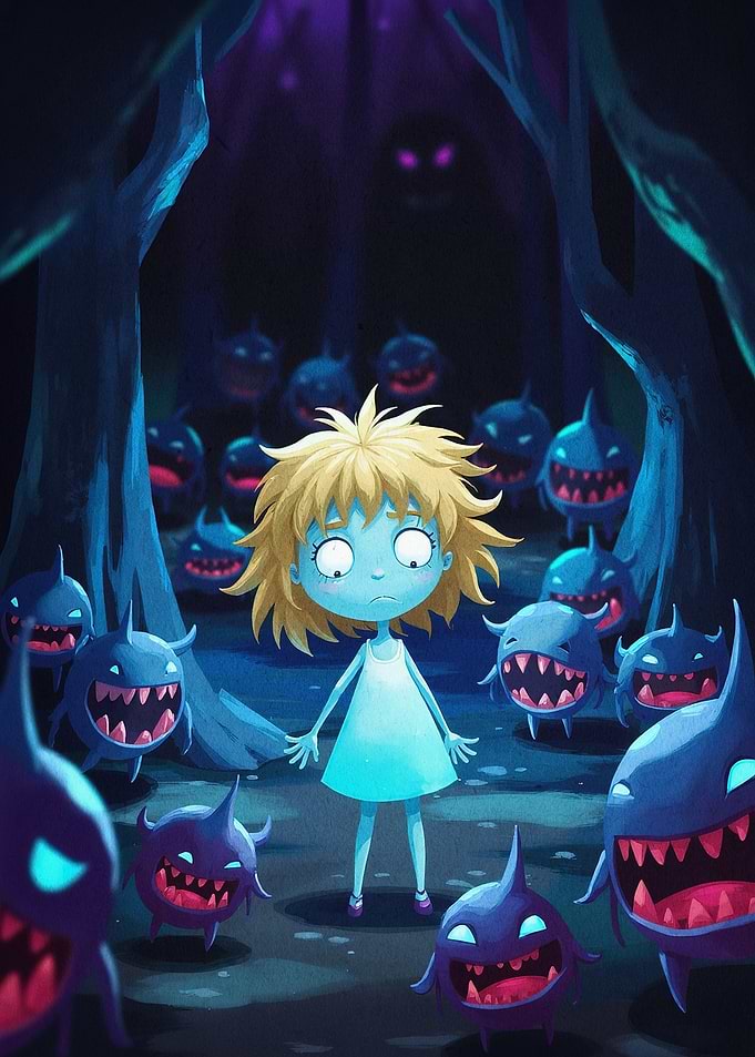 Scared Girl Dark Forest Fantasy Art
