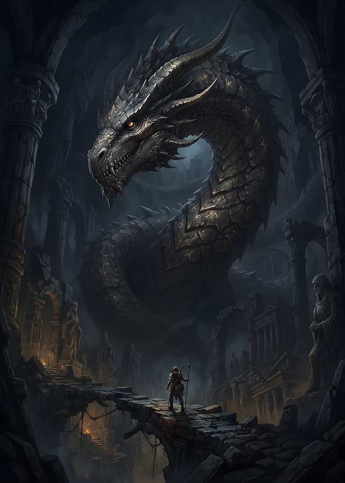 Adventurer Facing Ancient Stone Dragon