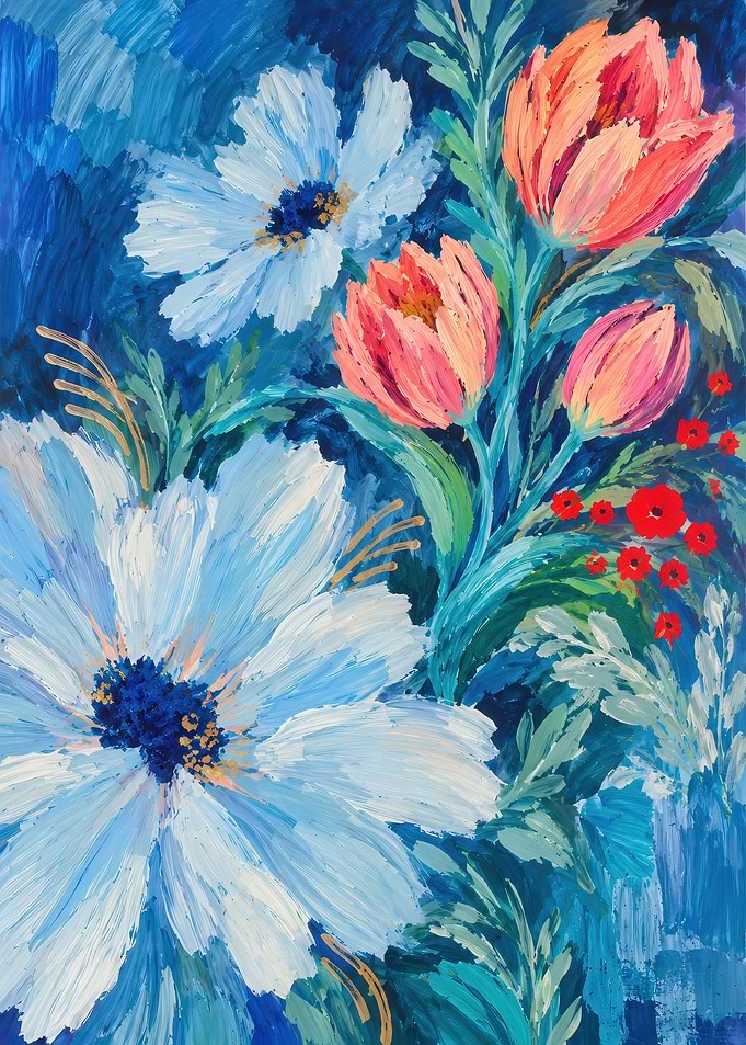 Vibrant Blue and Orange Floral Painting