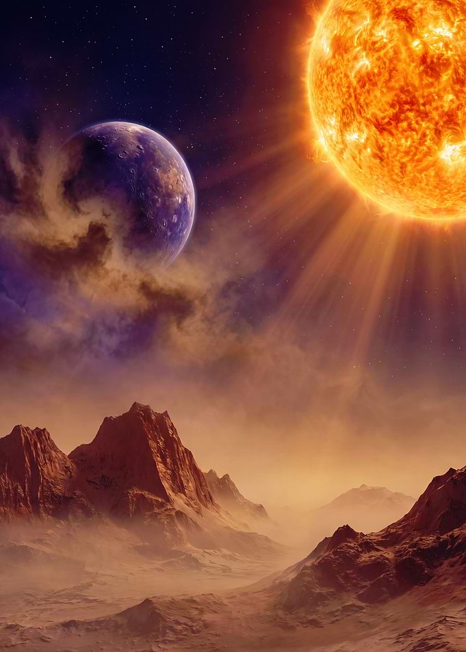 Alien Planet Landscape with Radiant Sun