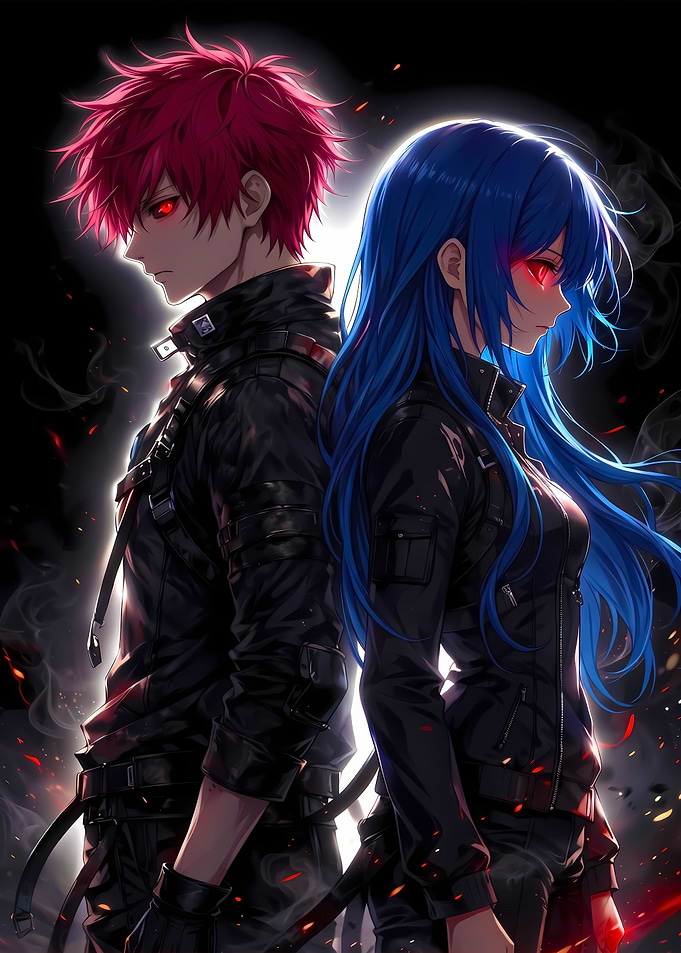 Anime Duo with Red and Blue Hair