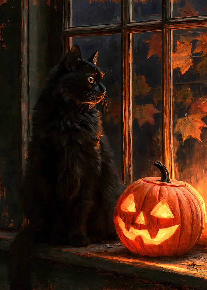 Black Cat and Pumpkin Jack-o'-lantern
