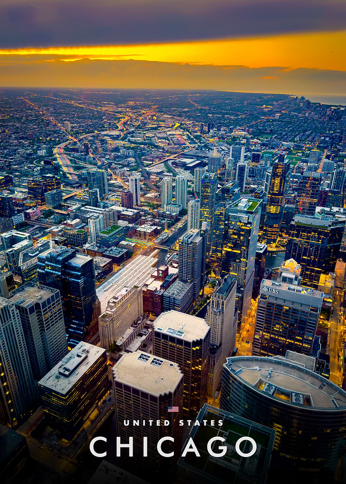 Aerial View of Chicago at Sunset