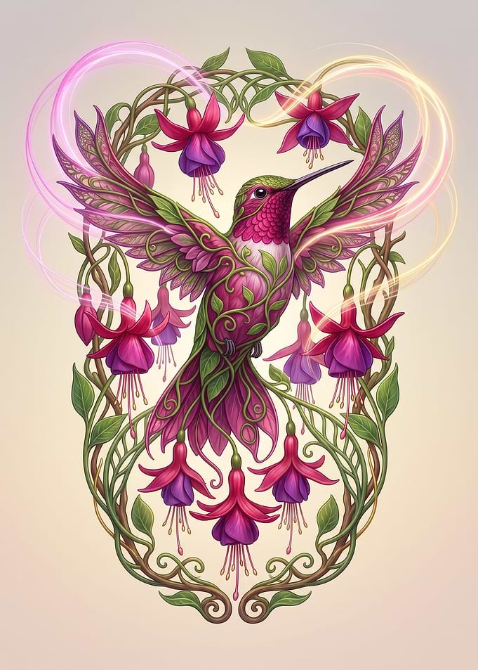 Hummingbird and Fuchsia Floral Art