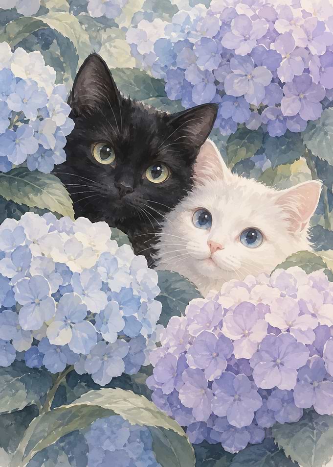 Black and White Kittens in Hydrangeas