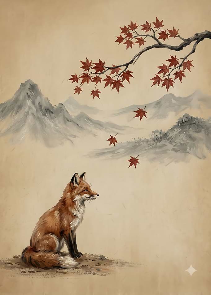 Fox Watching Falling Maple Leaves