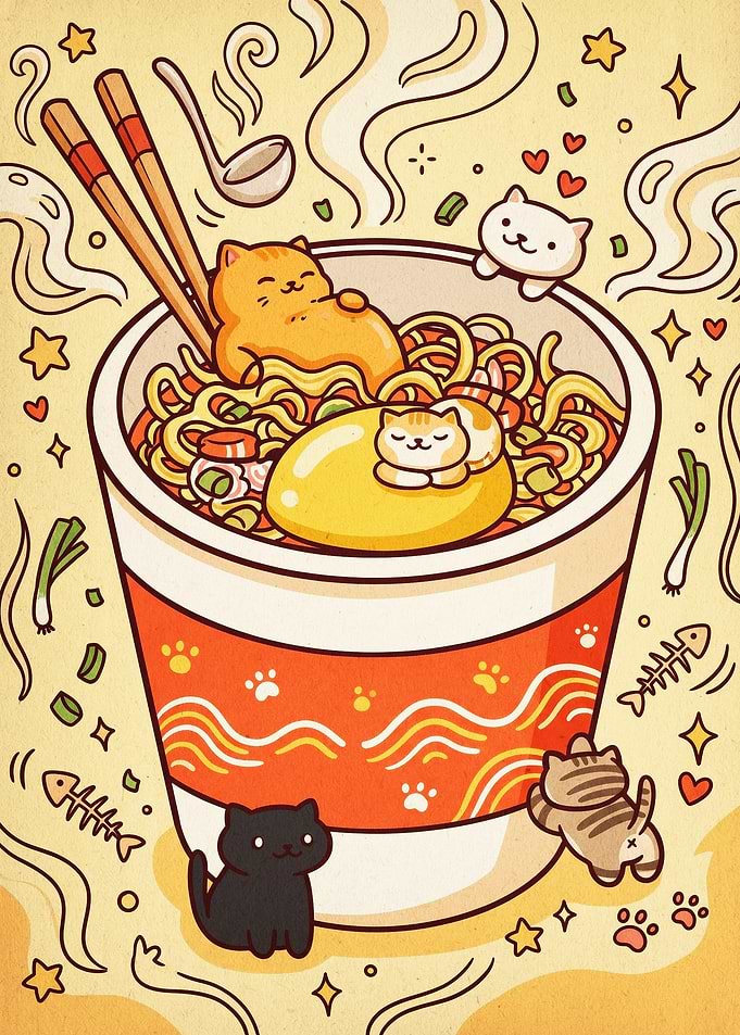 Cat Ramen Noodles Cute Kawaii Art