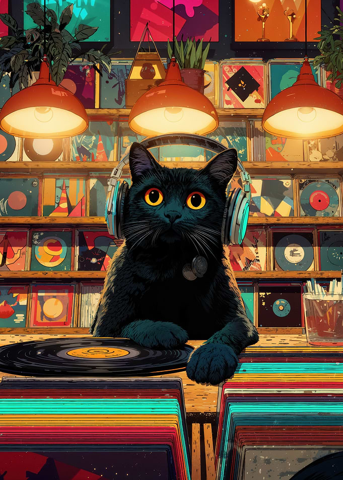 Black Cat Wearing Headphones In Record Store