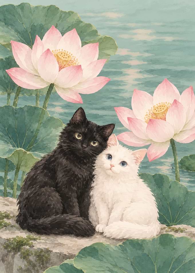 Black and White Kittens with Lotuses