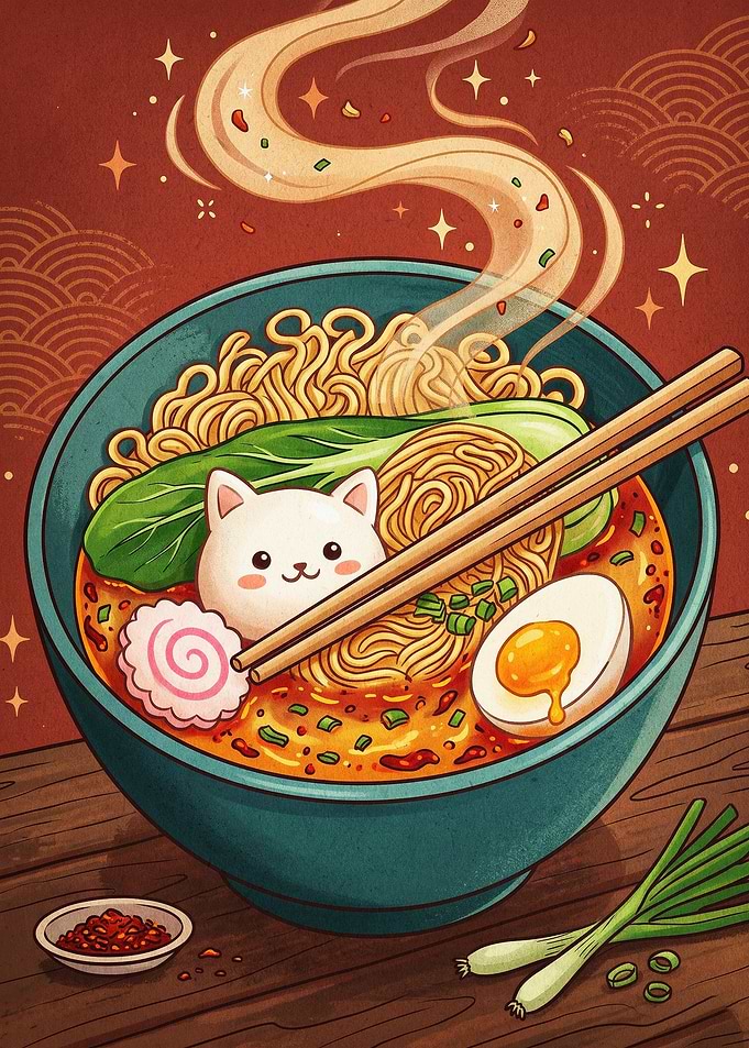 Cat Ramen Noodle Bowl Cute Art