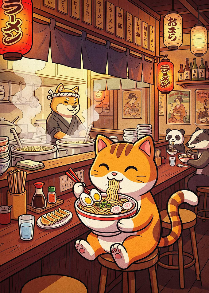 Cat Eating Ramen Japan Anime Art