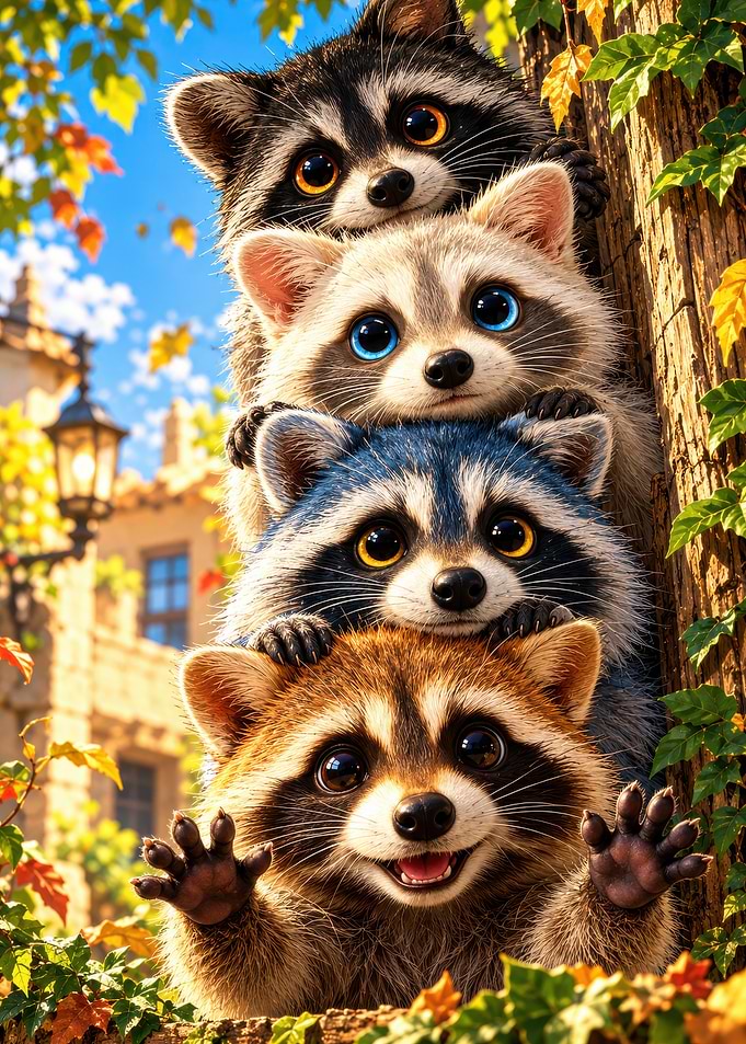 Four Cute Raccoons Stacked Together