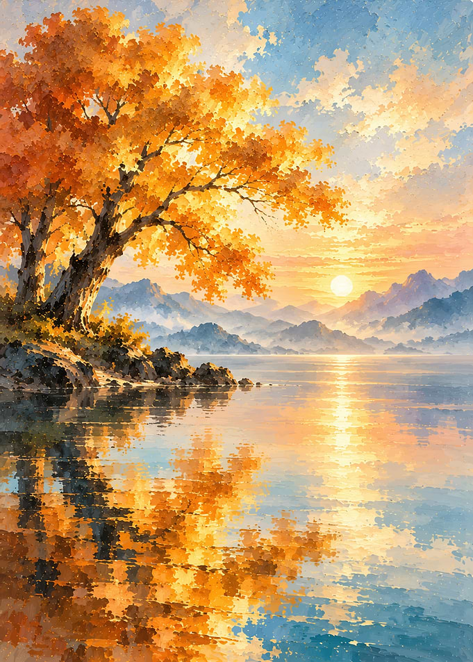 Golden Autumn Sunset Over Lake