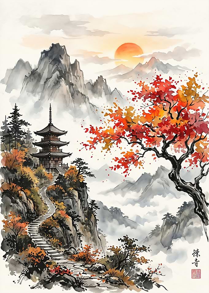 Traditional Japanese Pagoda Mountain Landscape