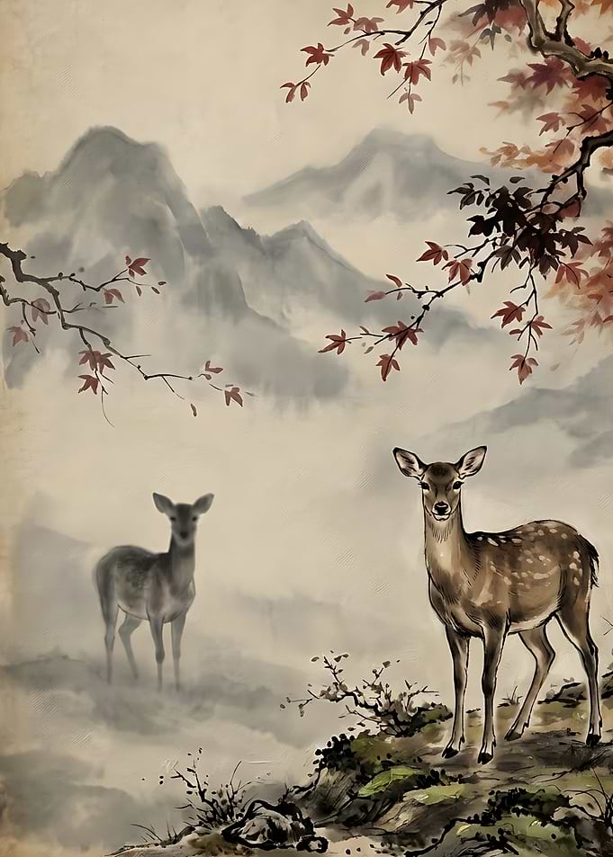 Two Deer in Misty Mountains