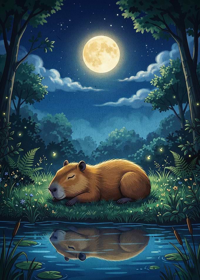 Capybara Moonlit Night Art