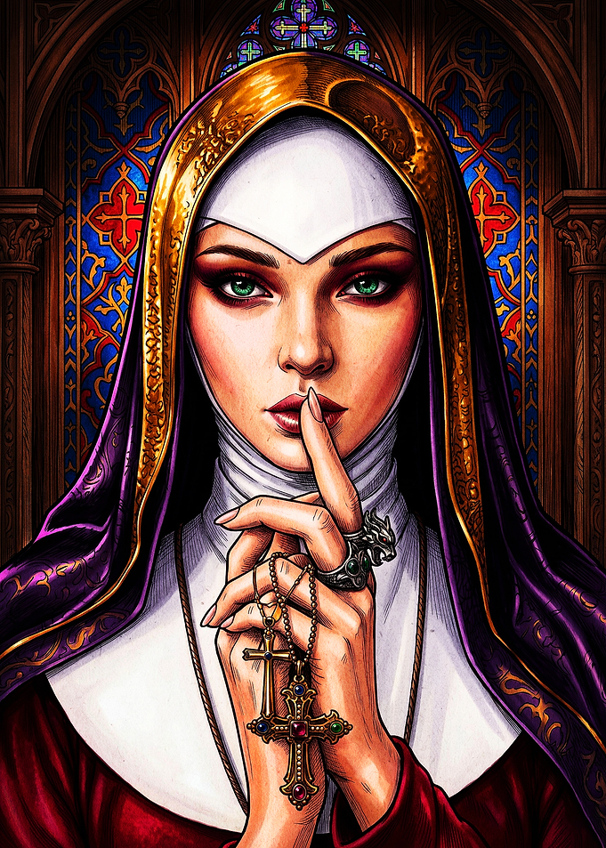 Mysterious Nun with Stained Glass Background