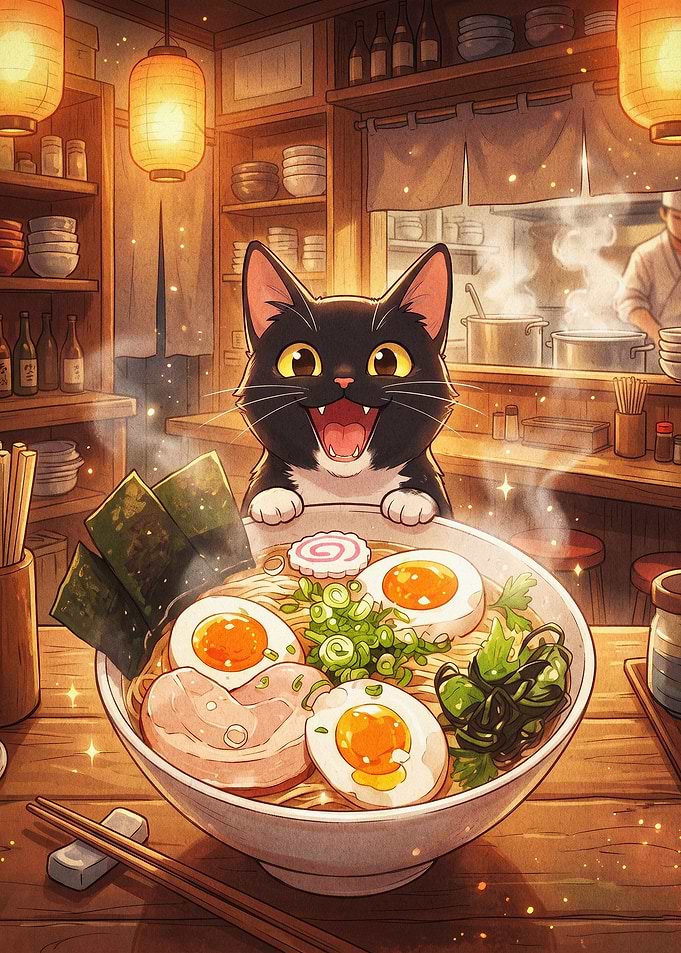 Cat Ramen Bowl Japanese Anime Art