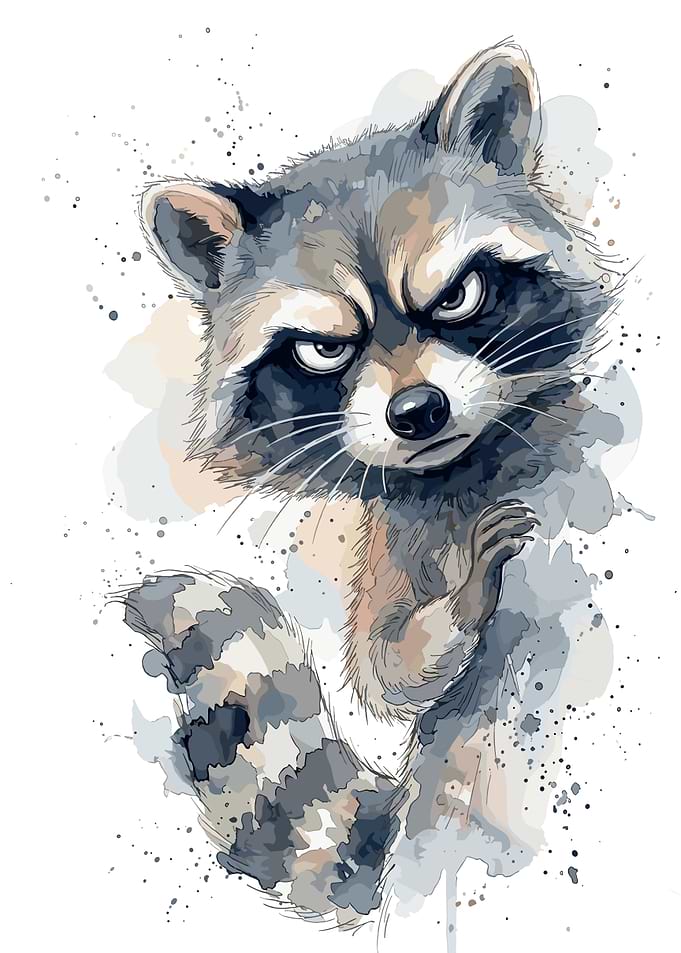 Grumpy Raccoon Watercolor Illustration