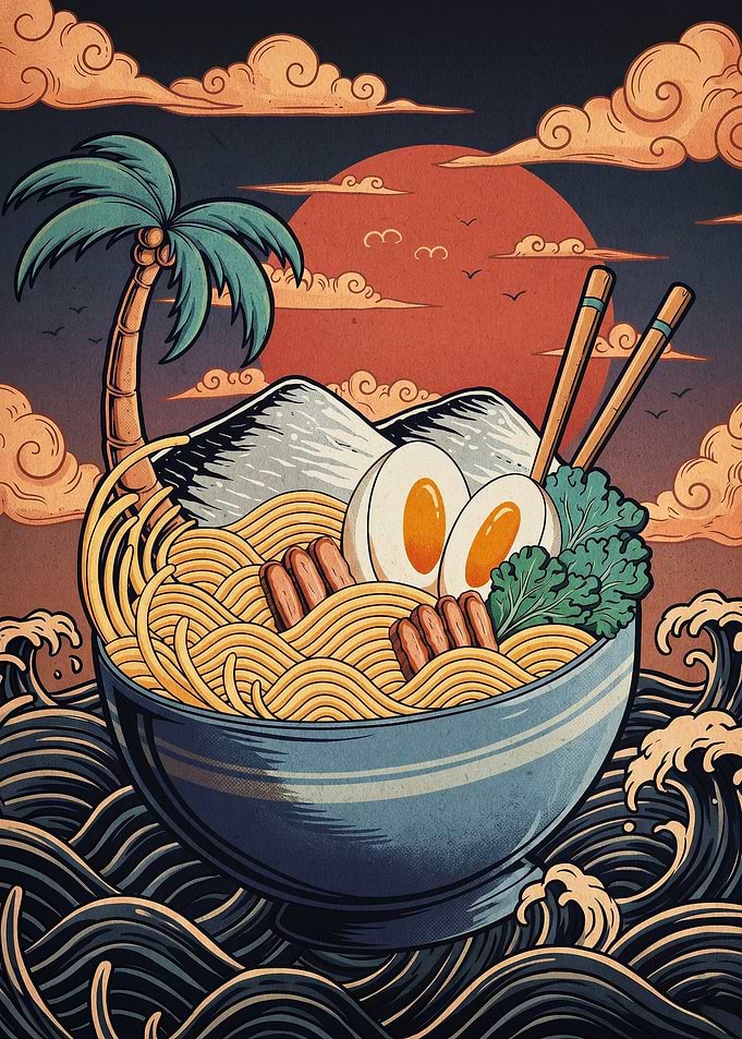 Ramen Bowl Sunset Retro Art Poster