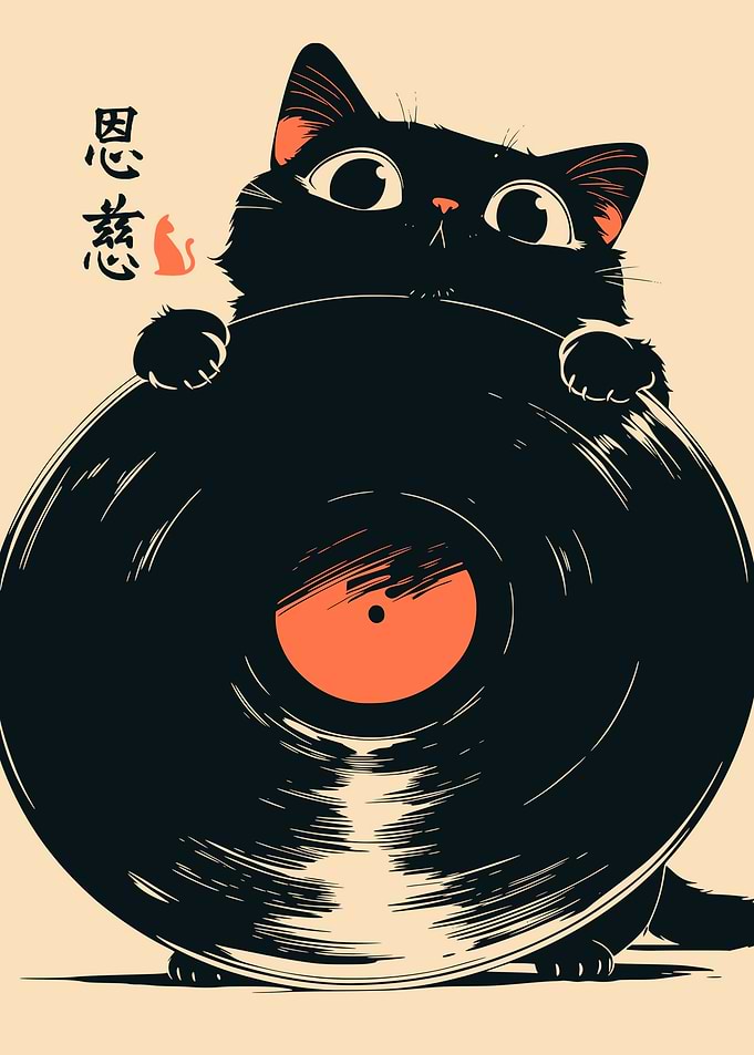 Black Cat Holding Vinyl Record Retro Music