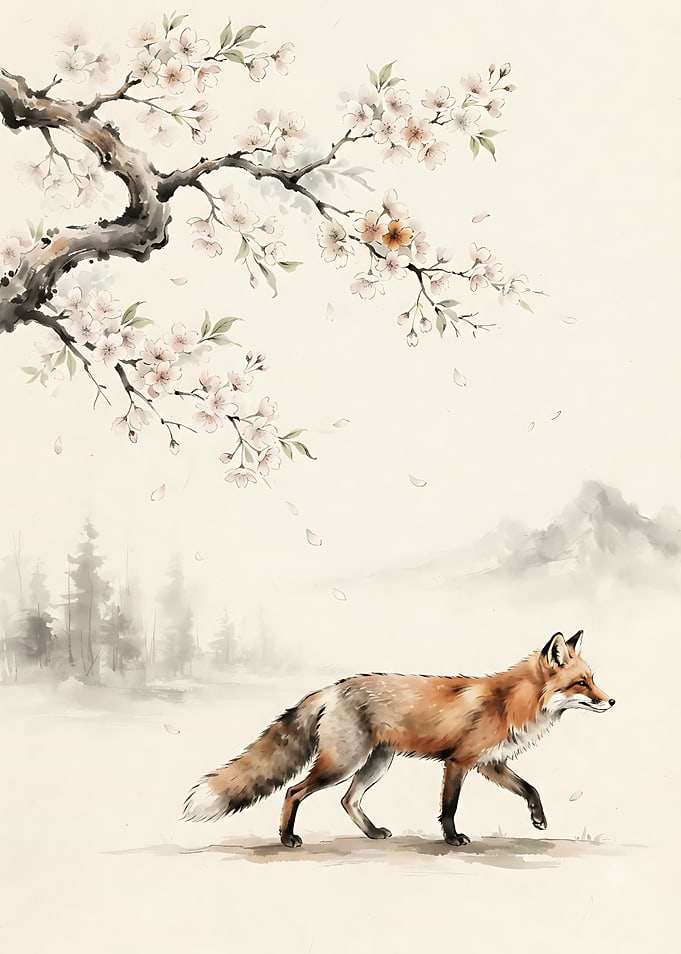 Fox Walking Under Cherry Blossoms