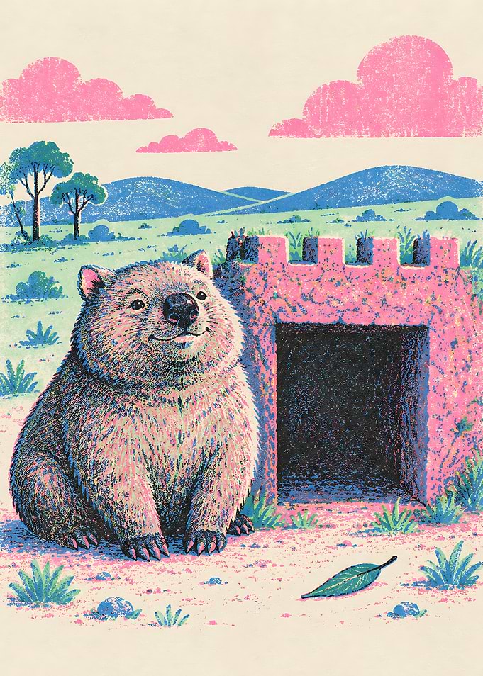 Cute Wombat by a Pink Castle