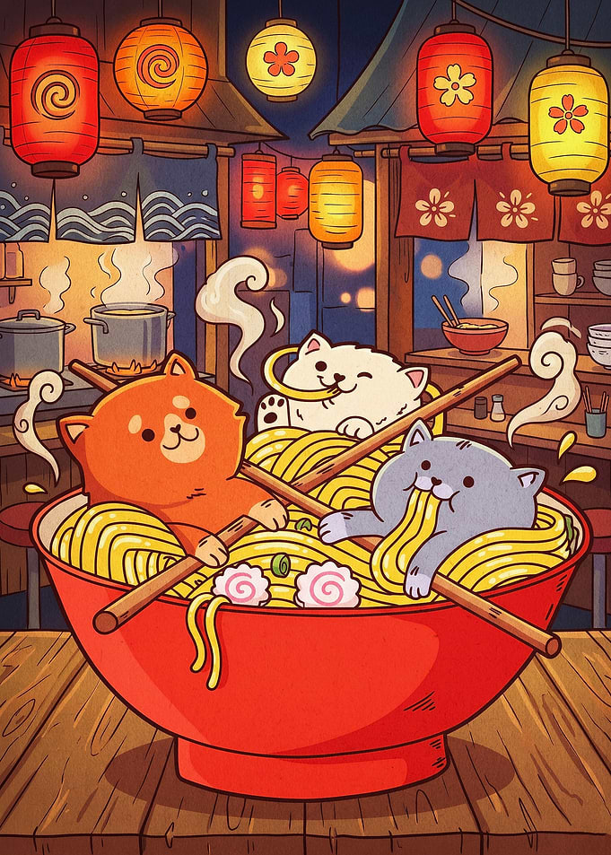 Cats Eating Ramen Anime Art Poster