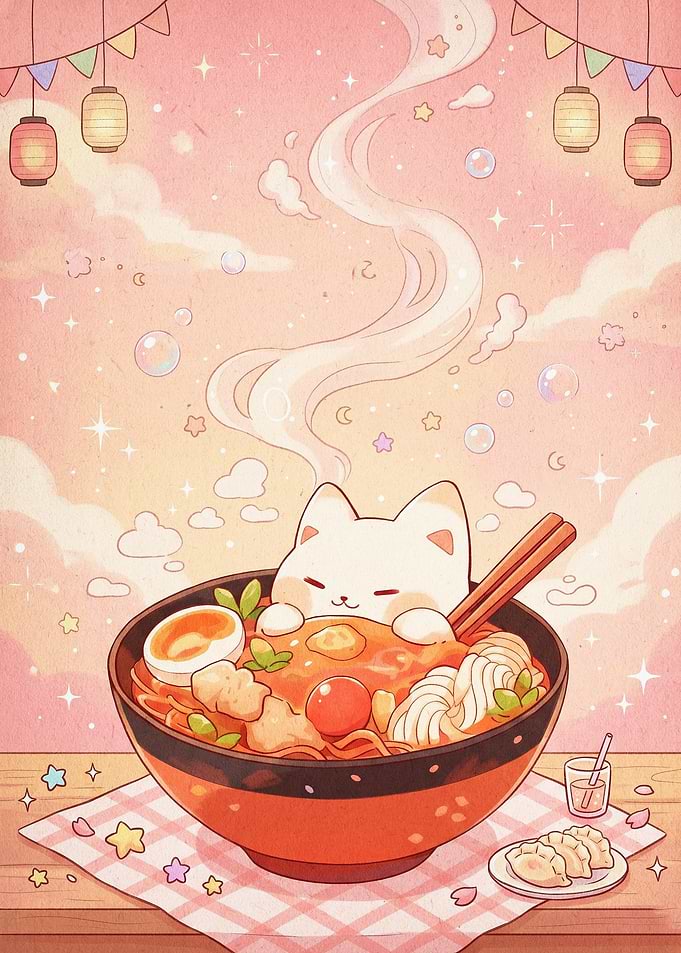 Cute Cat Ramen Kawaii Pastel Art