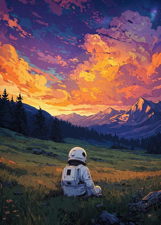 Astronaut Mountain Sunset Art