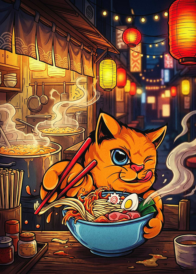 Cat Ramen Noodle Anime Art Poster
