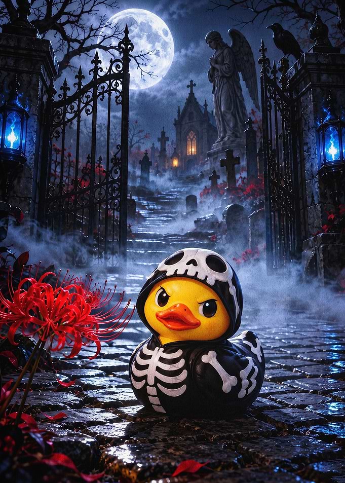 Skeleton Duck Spooky Graveyard Art