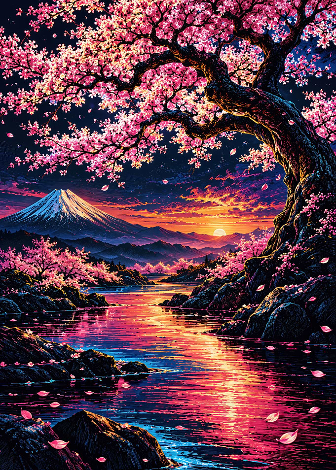 Mount Fuji Cherry Blossom Sunset