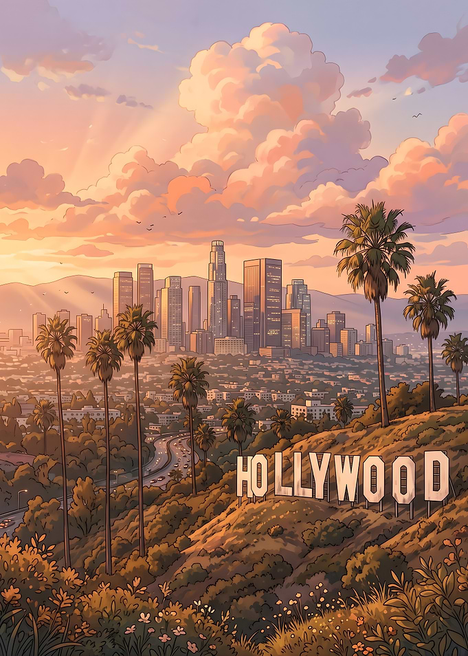 Hollywood Sign Sunset Over Los Angeles