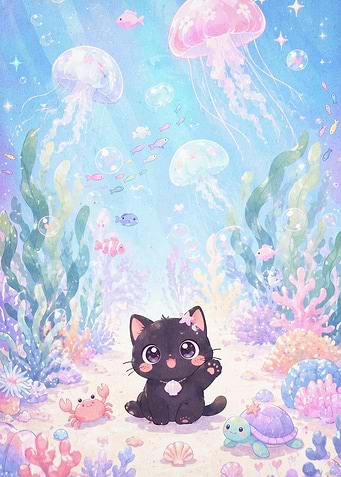 Cute Cat Ocean Jellyfish Pastel Art
