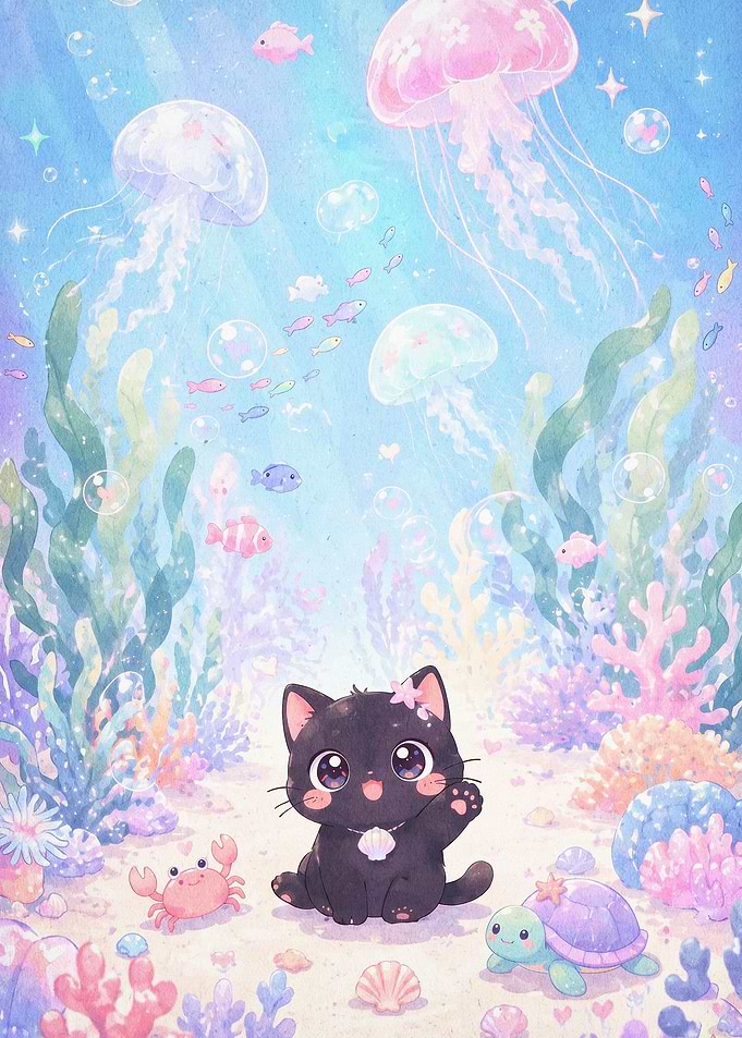 Cute Cat Ocean Jellyfish Pastel Art