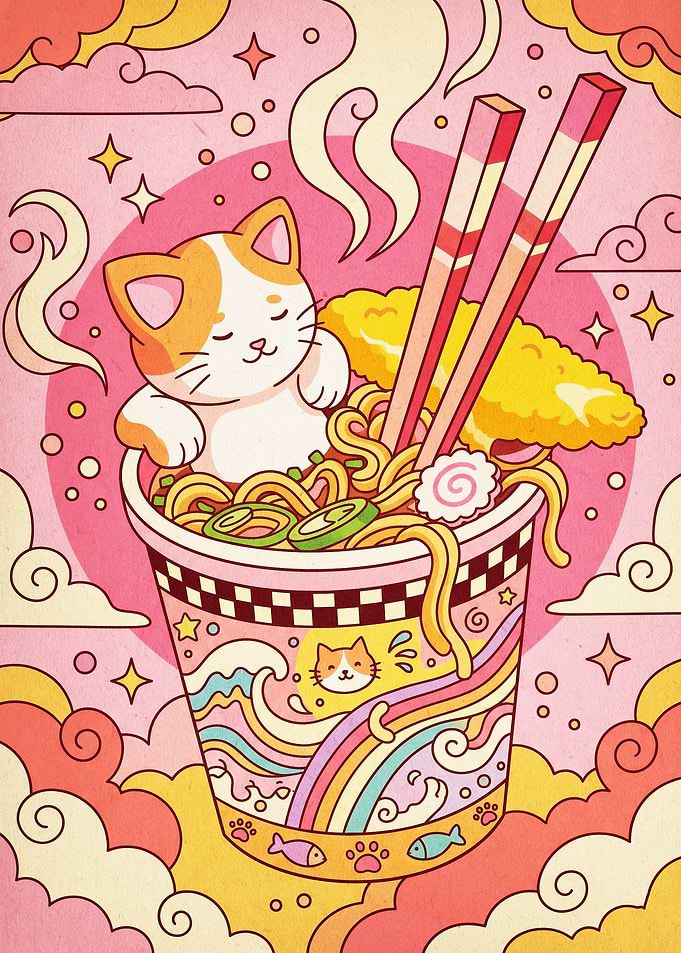 Cute Cat Ramen Bowl Pink Aesthetic