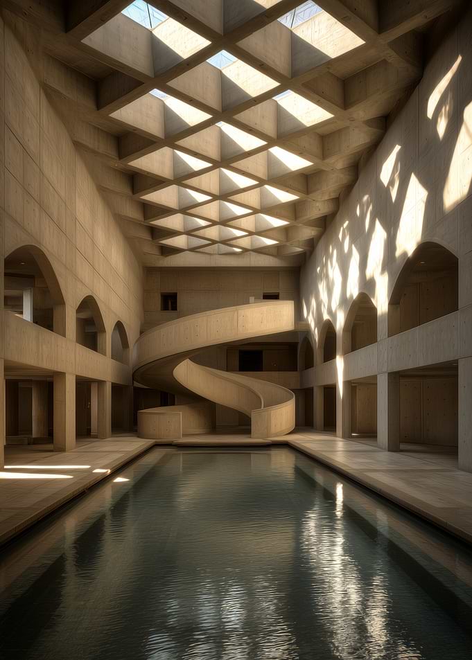 Brutalist Indoor Pool with Spiral Staircase