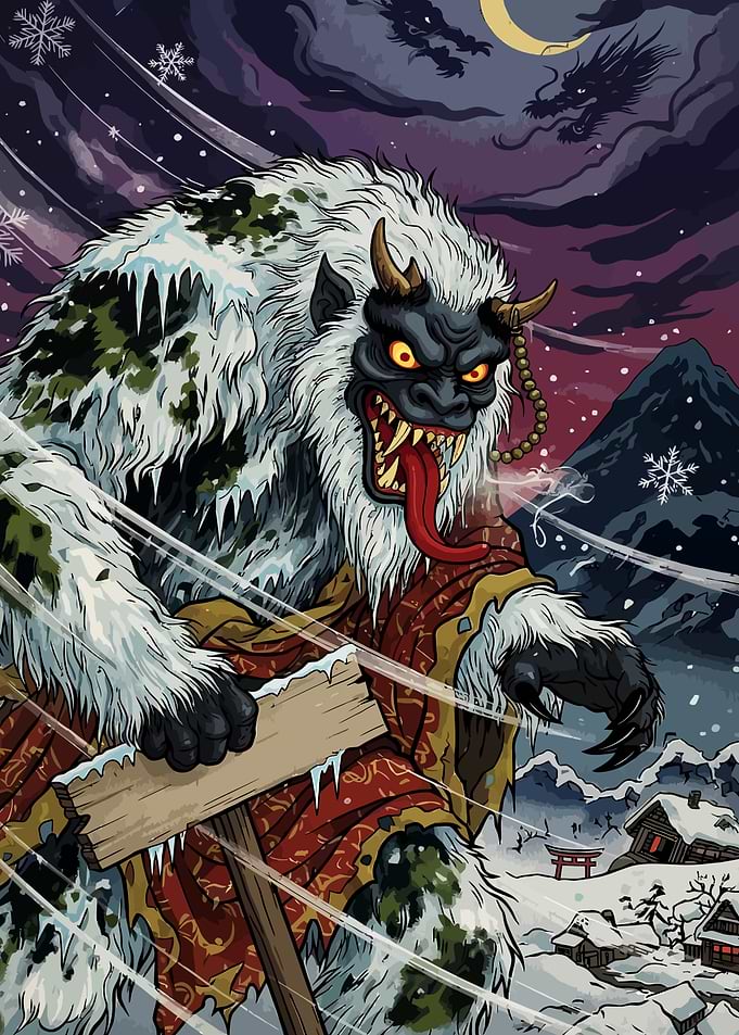 Japanese Oni Demon in Winter Storm