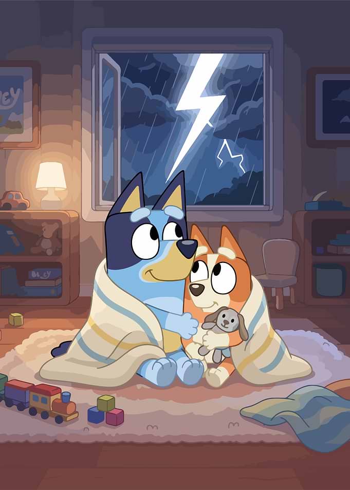 Bluey and Bingo During a Storm